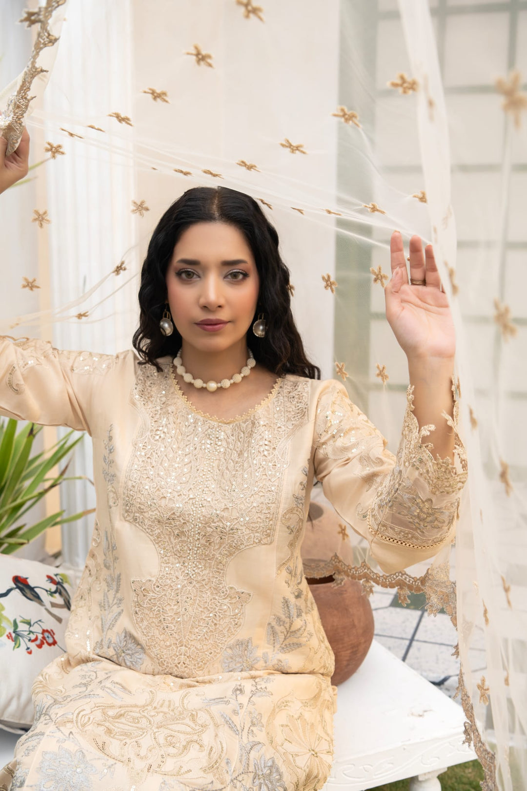 1149C - Light Beige Embroidered Linen 3 Piece suit