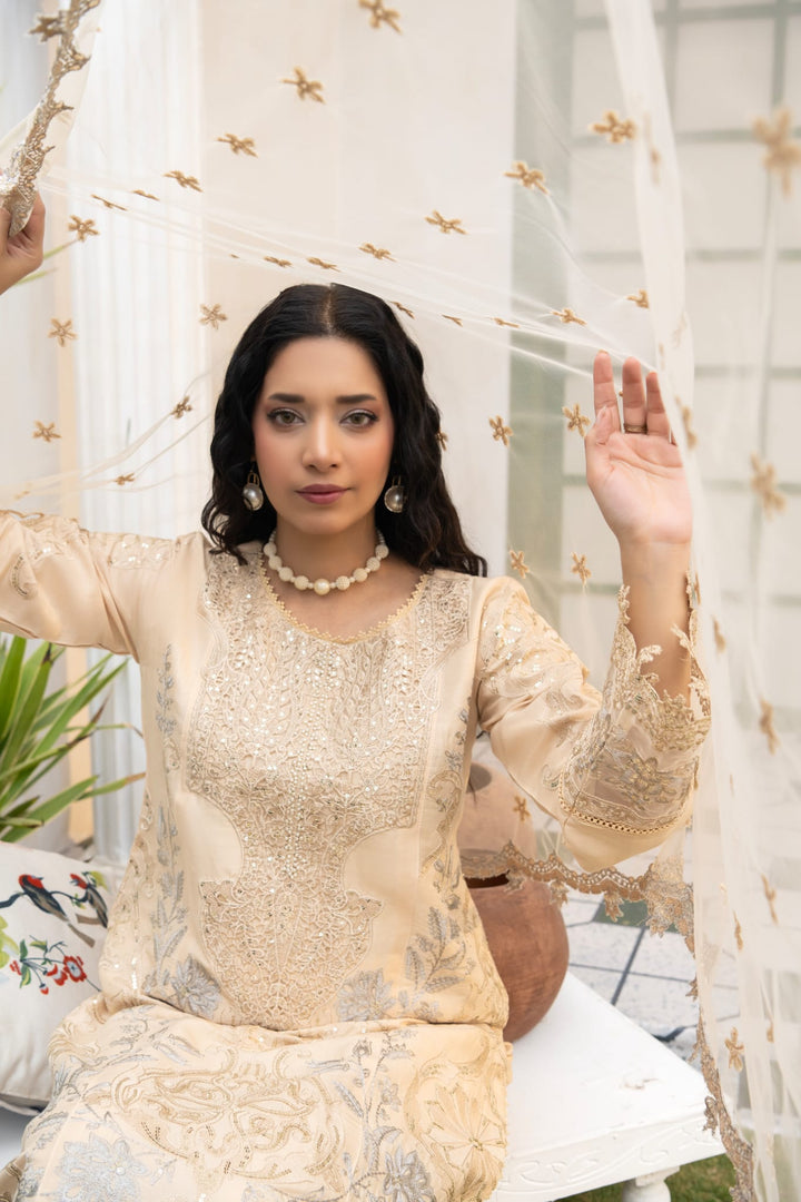 1149C - Light Beige Embroidered Linen 3 Piece suit