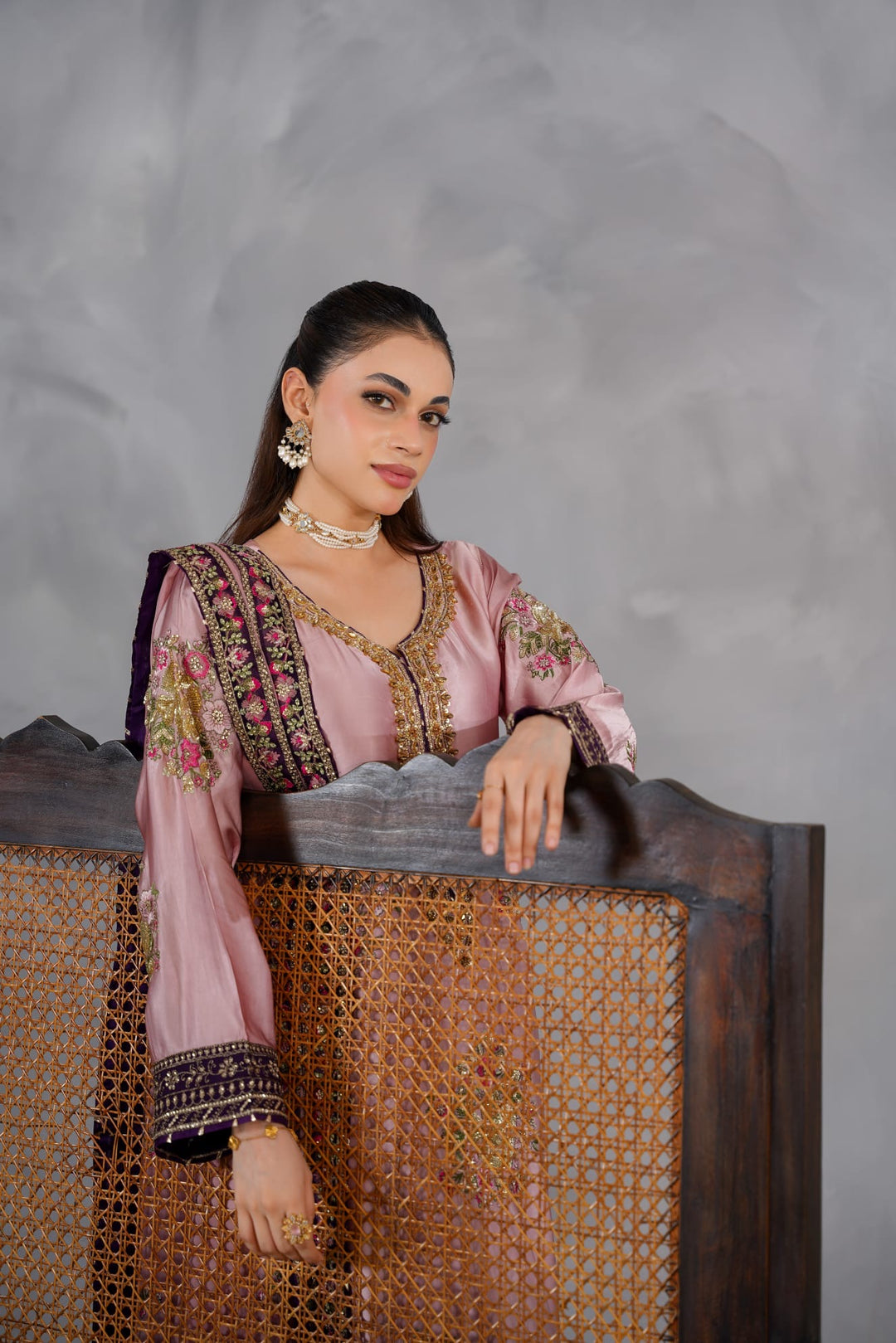 335G- Pink Embroidered Shamoz Silk 3 Piece Suit