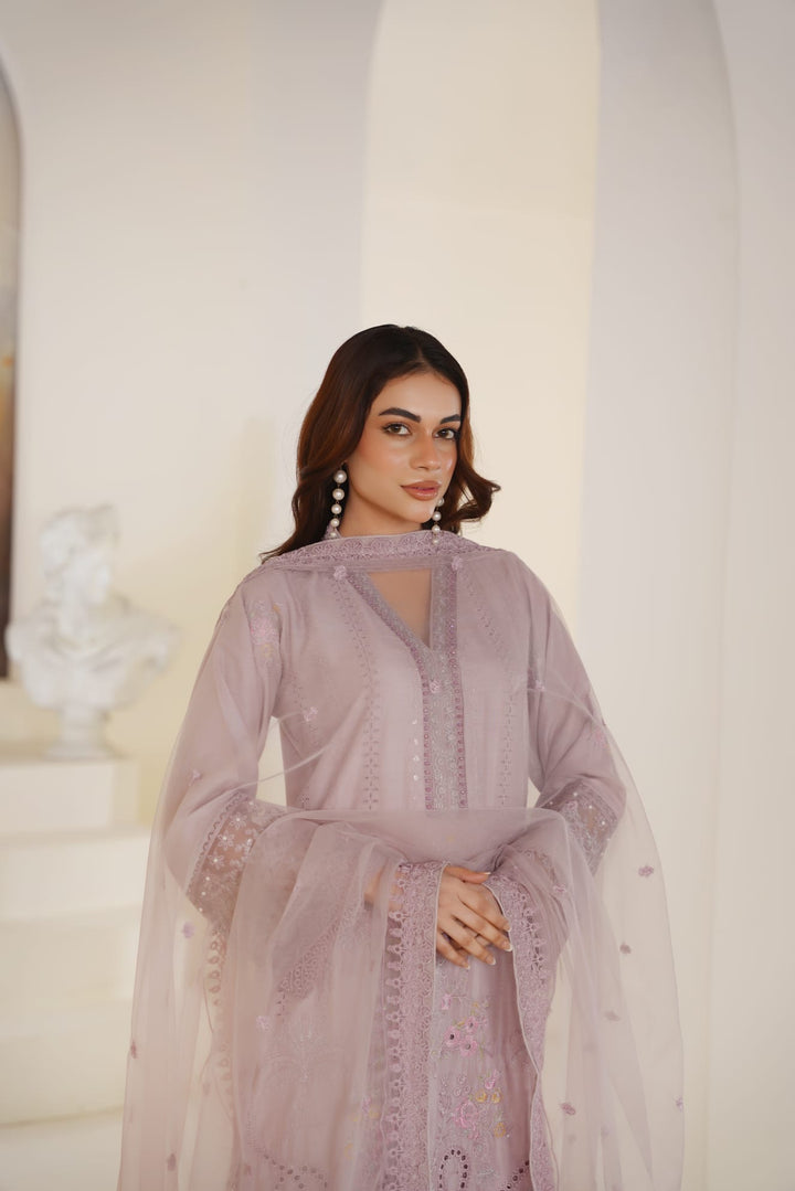 1165B - Mauve Embroidered Linen Chikankari 3 Piece suit