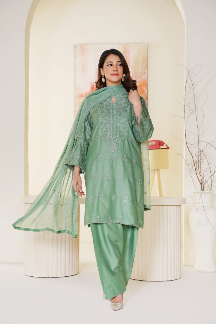 1164A- GREEN LINEN EMBROIDERED 3 PIECE SUIT FARSHI SHALWAR
