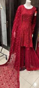 RED EMBROIDERED CHIFFON SHARARA SUIT 347E