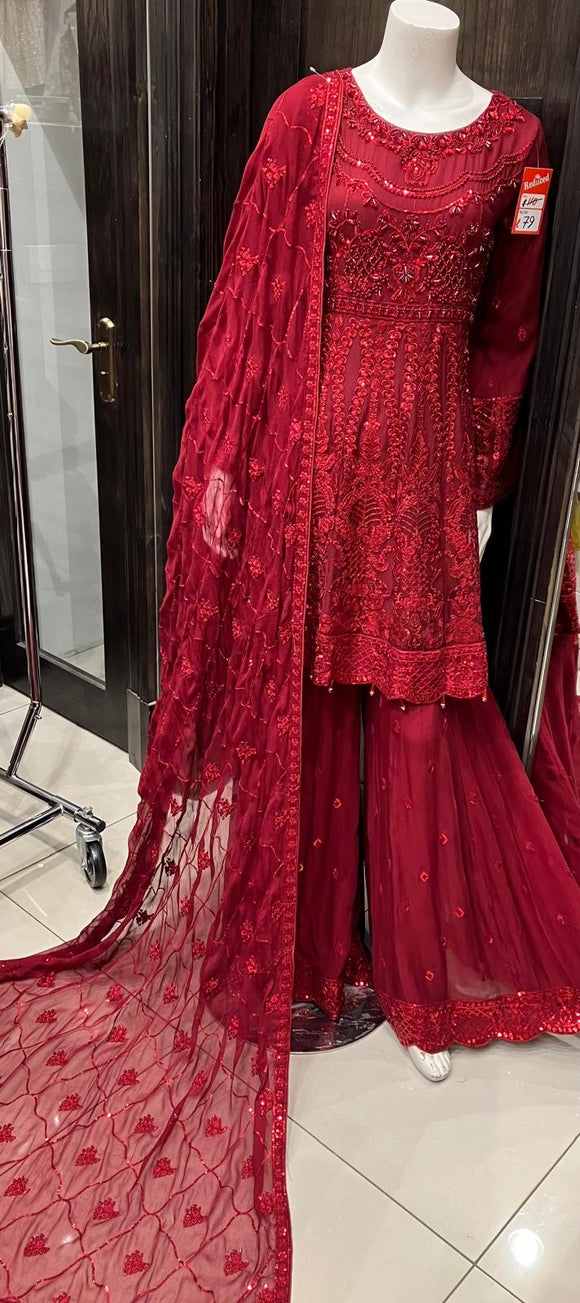 RED EMBROIDERED CHIFFON SHARARA SUIT 347E