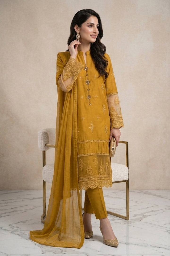 1114A - Mustard Embroidered Linen 3 Piece suit