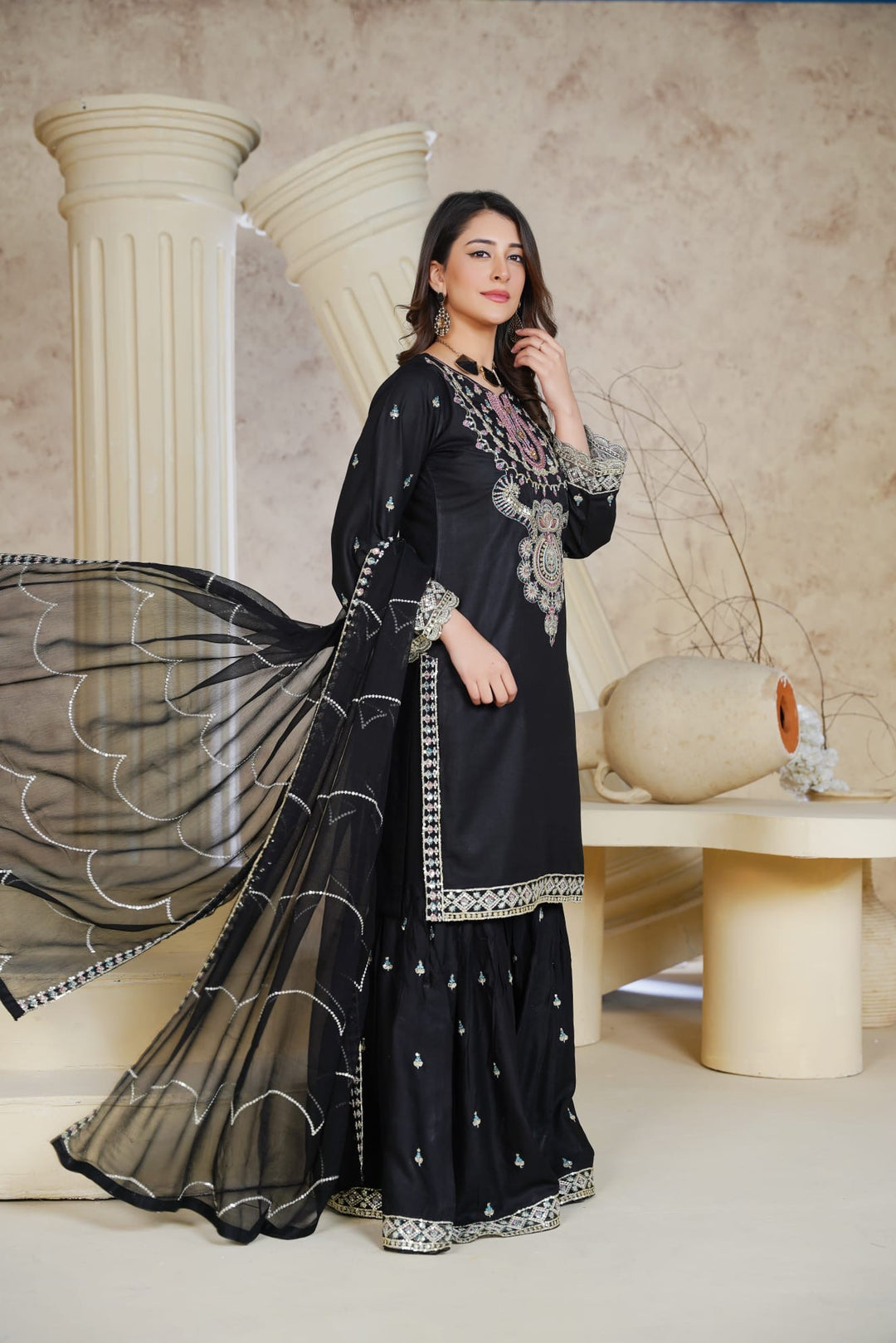 1162A - Black Embroidered Linen 3 Piece Sharara suit