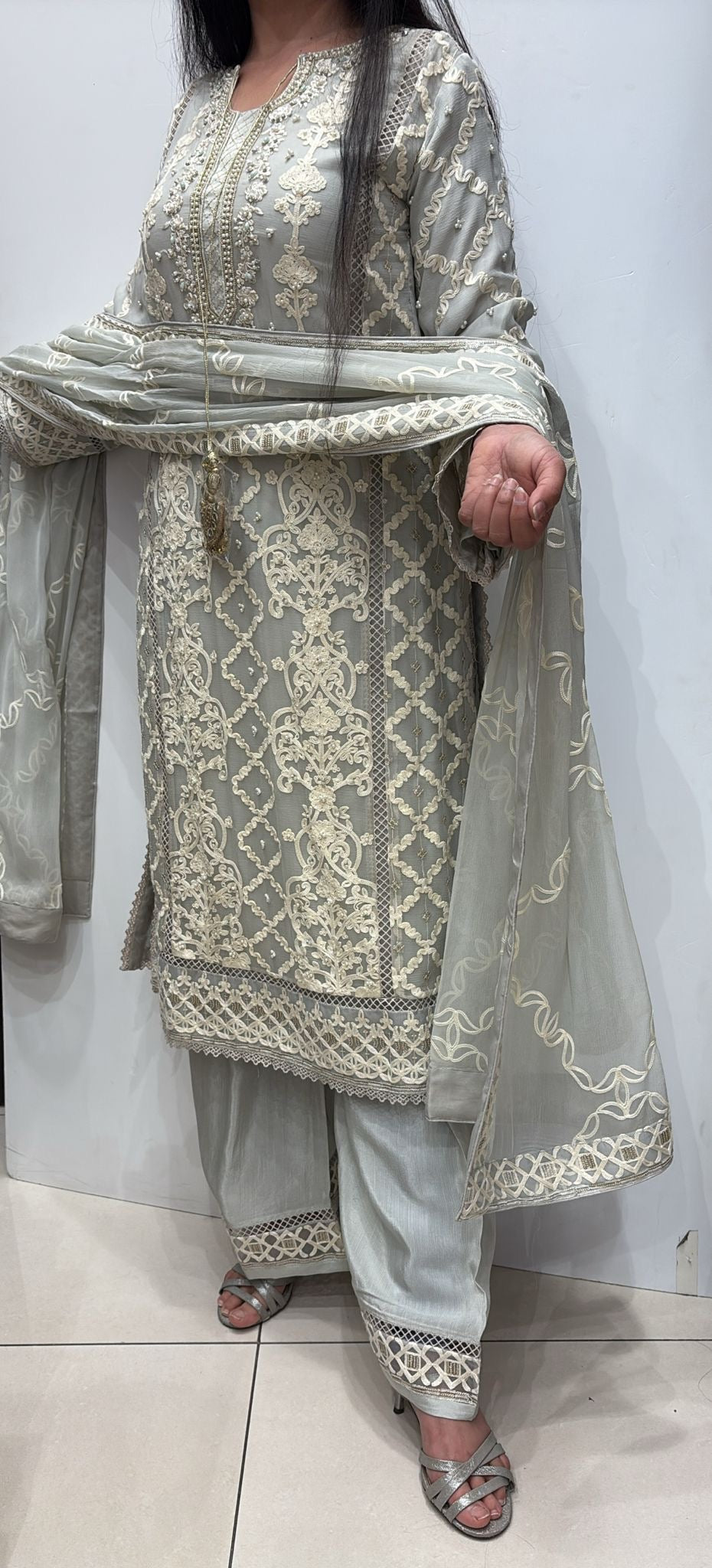 385B- GREY EMBROIDERED CHIFFON 3 PIECE SUIT