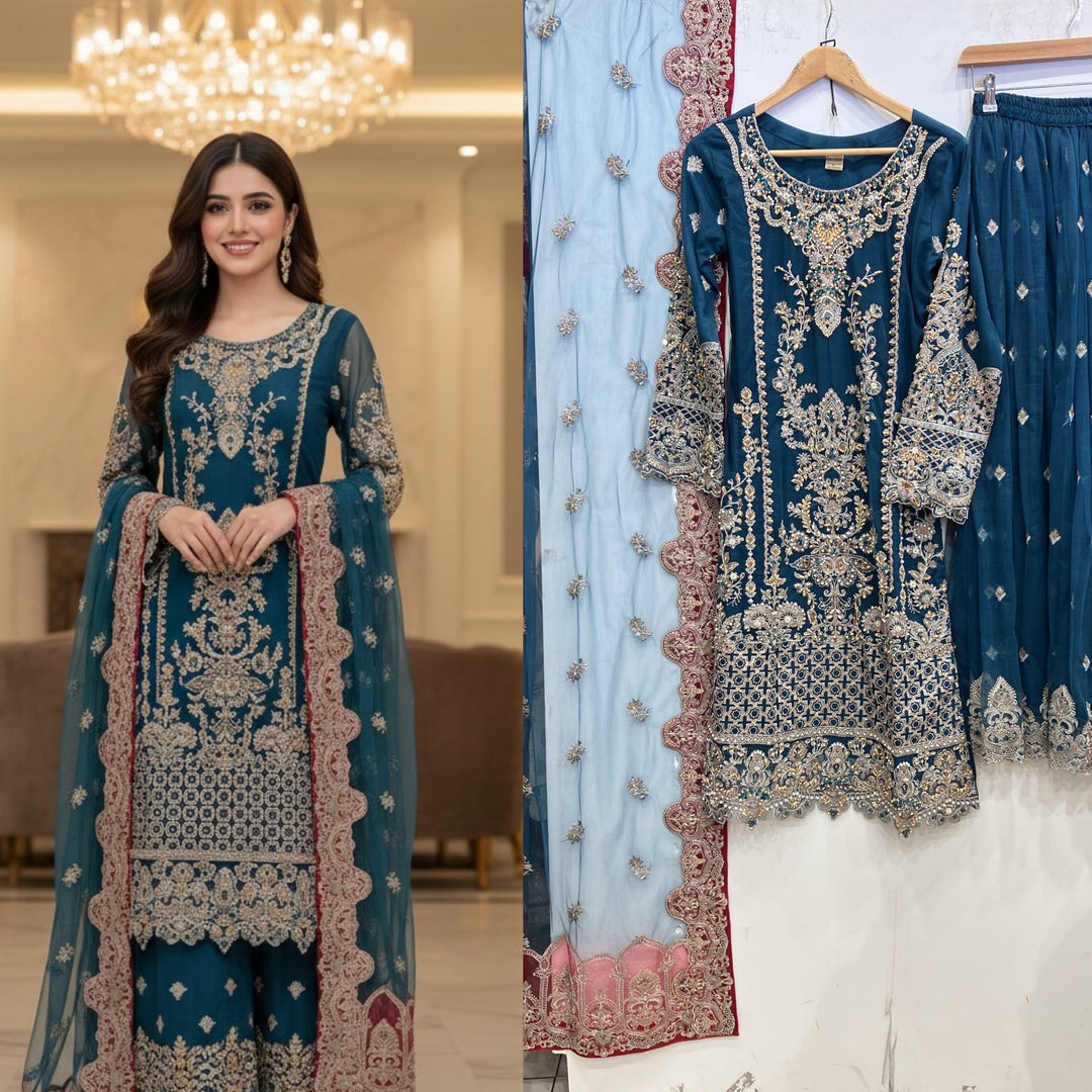 357A- Teal Embroidered Net Sharara 3 Piece Suit
