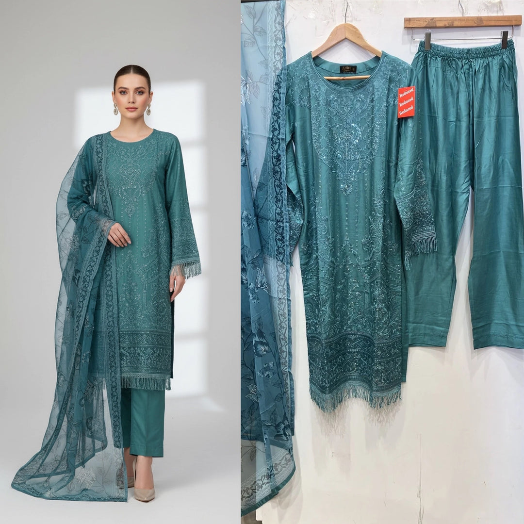 1183C - Teal Embroidered linen 3 piece suit