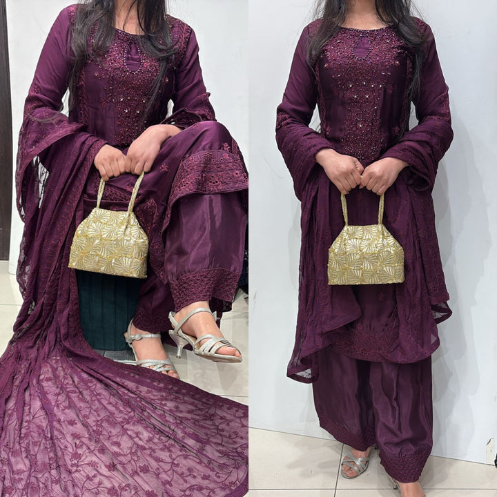 AG22f- PURPLE EMBROIDERED SILK 3 PIECE SUIT