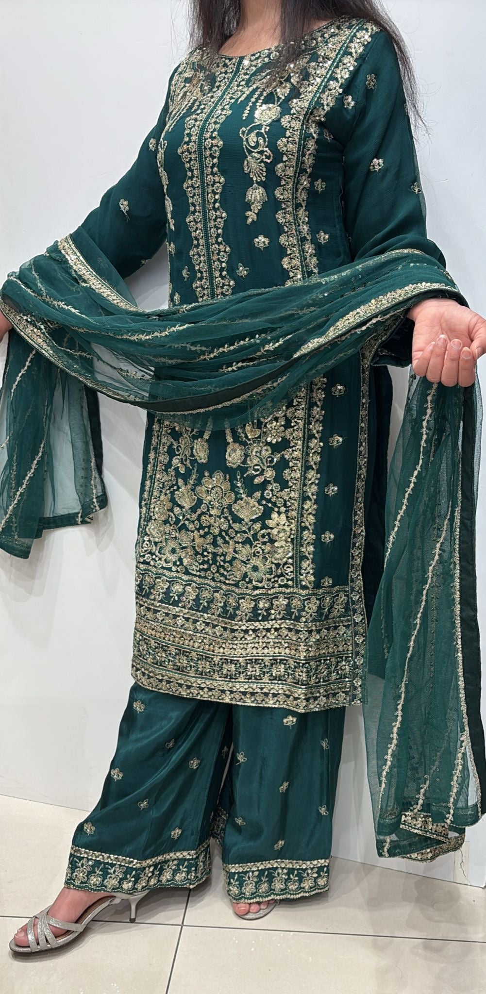 386B -GREEN CHIFFON EMBROIDERED SHARARA SUIT