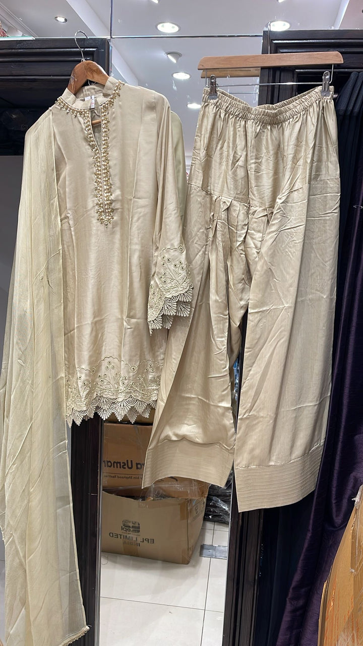 LF01 - Cream Farshi Shalwar Embroidered linen suit