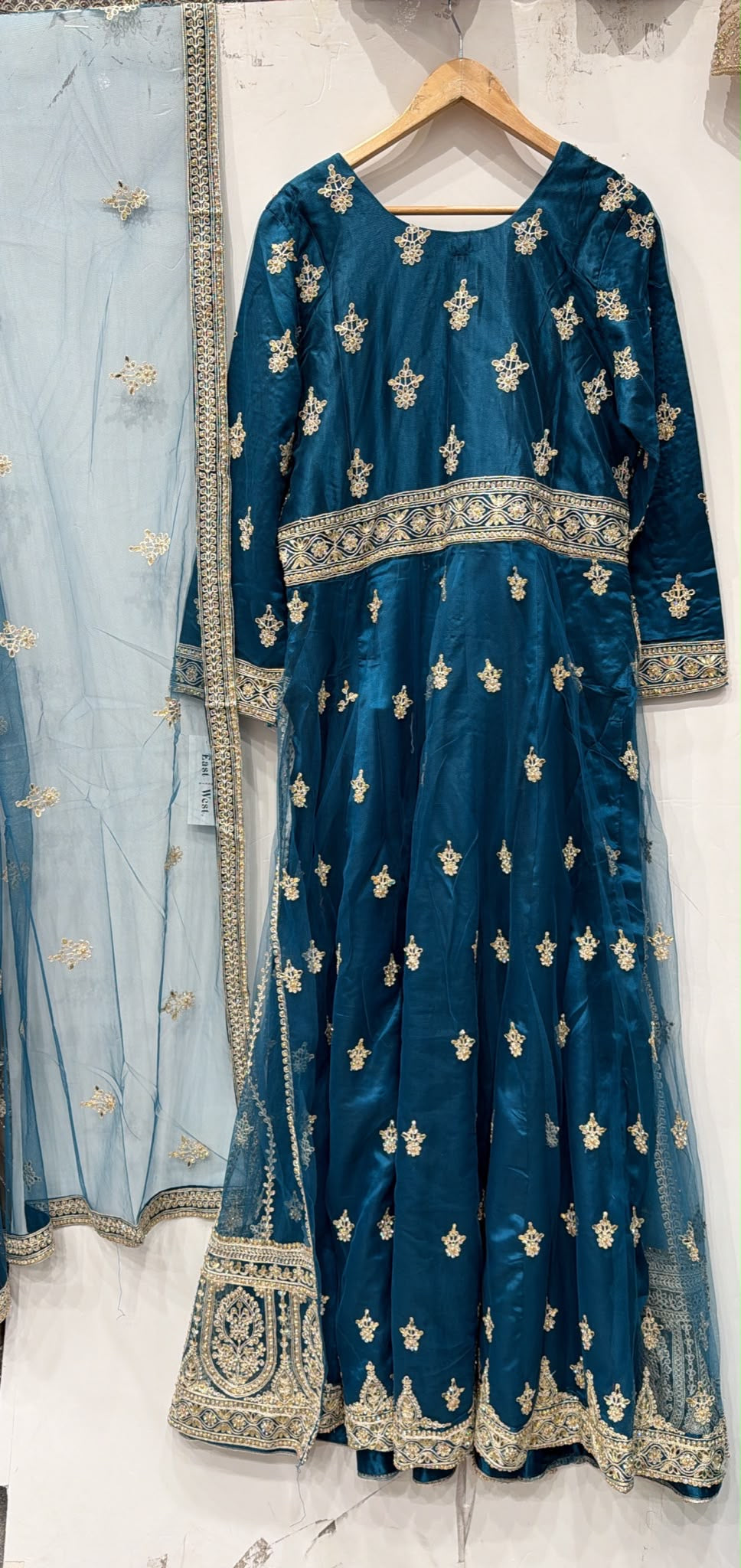 134E - Teal Net  Embroidered Maxi Dress