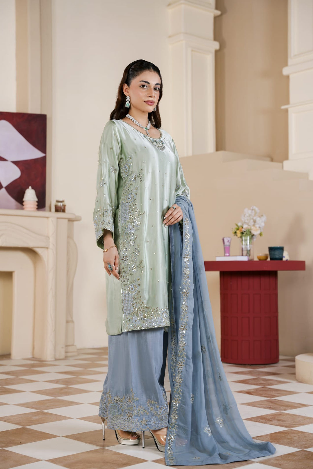 333G - Embroidered Shamoz Silk 3 Piece Suit - East meets west clothing 