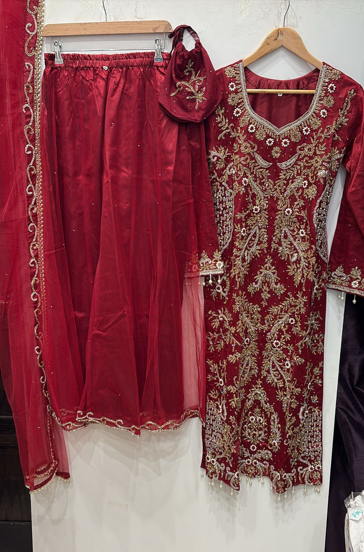 0173C- RED EMBROIDERED SHARARA SUIT