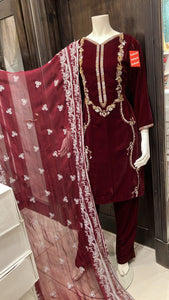 MAROON EMBROIDERED VELVET 3 PIECE SUIT NV36B