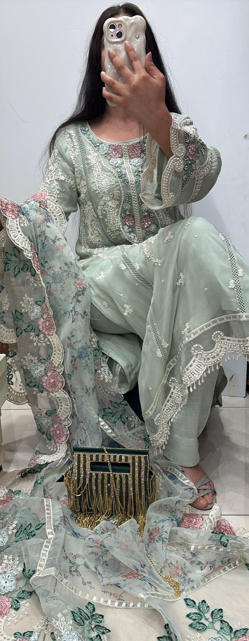 BABY BLUE EMBROIDERED CHIFFON 3 PIECE SUIT 228C