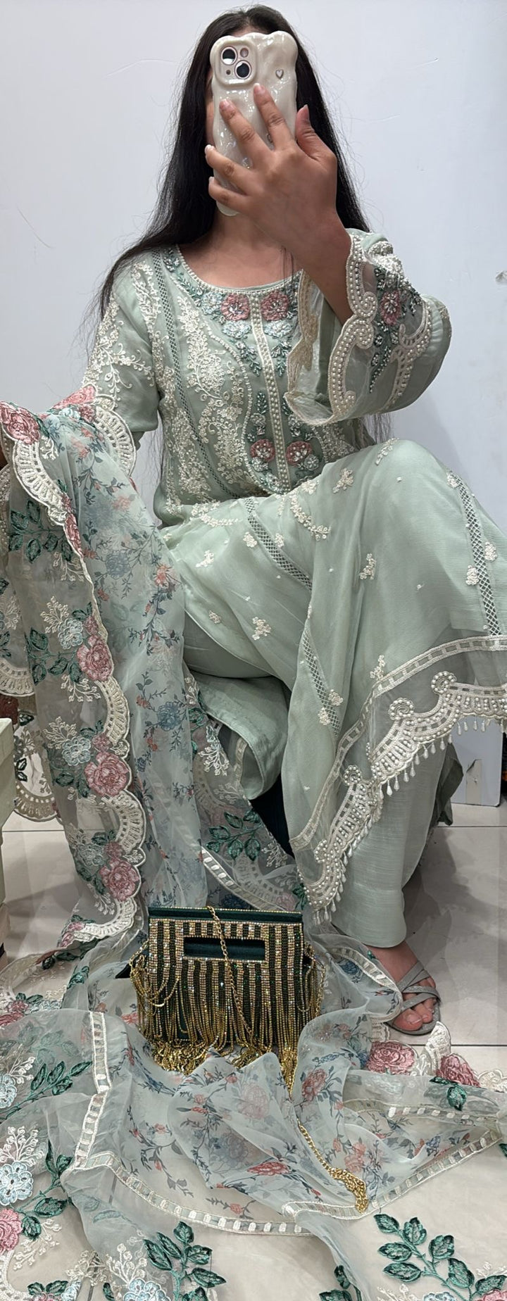 BABY BLUE EMBROIDERED CHIFFON 3 PIECE SUIT 228C