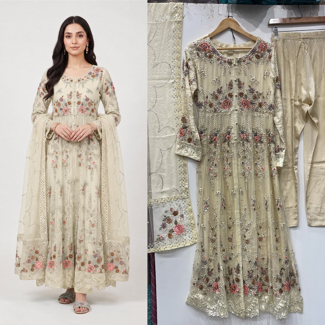 371C CHAMPAGNE CHIFFON EMBROIDERED LONG DRESS - East meets west clothing 