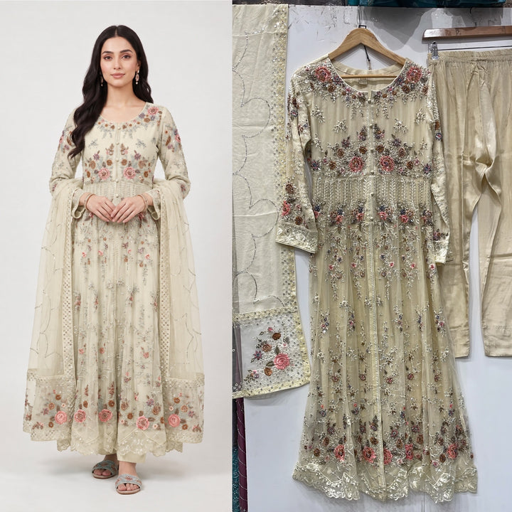 371C CHAMPAGNE CHIFFON EMBROIDERED LONG DRESS - East meets west clothing 