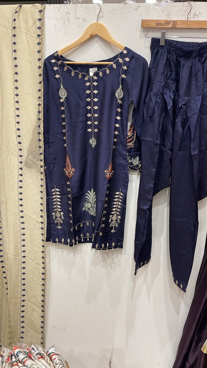 1137A Navy Blue Viscose Embroidered Pakistani Suit with Shalwar