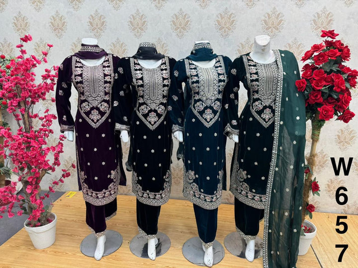 W657 LUXURY VELVET EMBROIDERED 3 PIECE SUIT