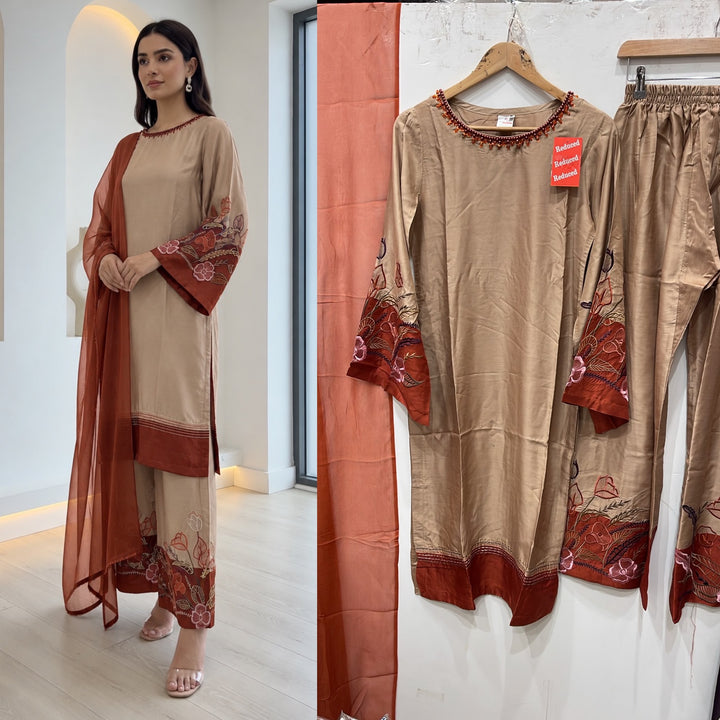 1180C - Beige Viscose Embroidered Pakistani Suit with Palazzo & Chiffon Dupatta - East meets west clothing 
