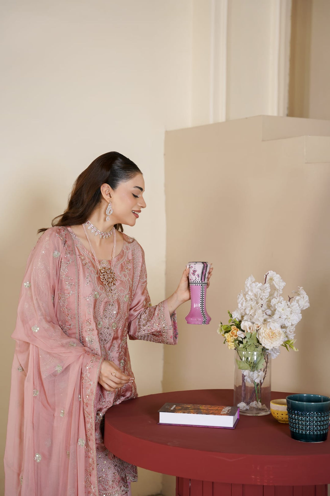 333A- Pink Embroidered Shamoz Silk 3 Piece Suit