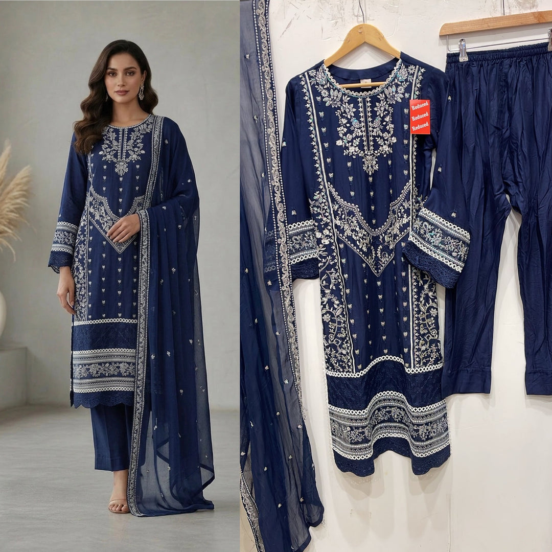 1175A - Blue Embroidered Linen 3 Piece suit