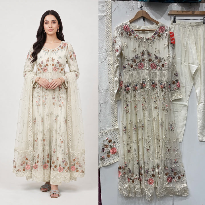 371D IVORY CHIFFON EMBROIDERED LONG DRESS - East meets west clothing 