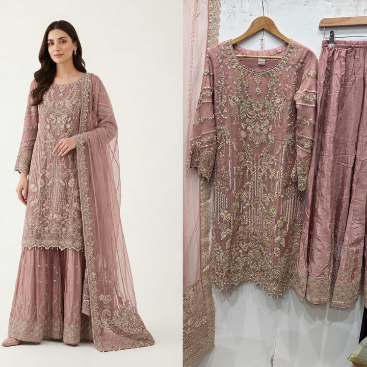 380B Dusty Pink Embroidered Chiffon 3 Piece Sharara Suit - East meets west clothing 