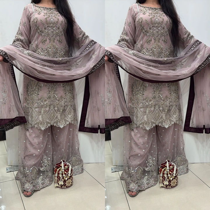 351D - LILAC NET EMBROIDERED SHARARA SUIT