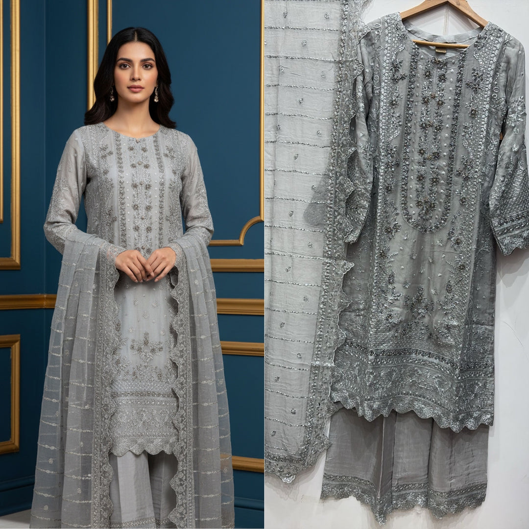 327B- Grey Embroidered Chiffon 3 Piece Suit