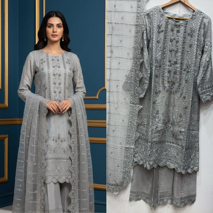 327B- Grey Embroidered Chiffon 3 Piece Suit