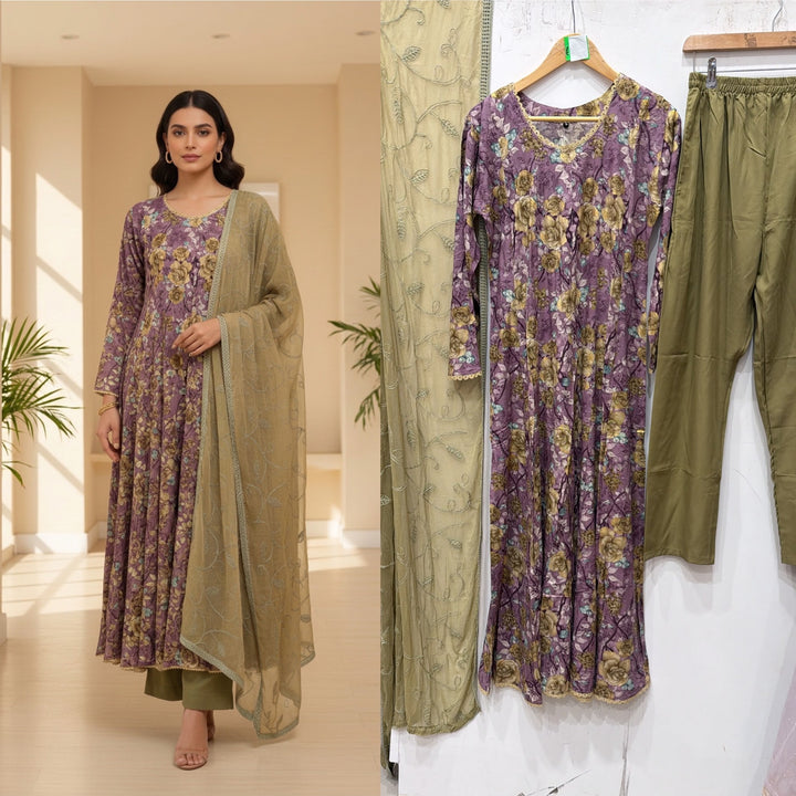 GS01 - Purple Floral Cotton Long Dress 3-Piece Pakistani Suit