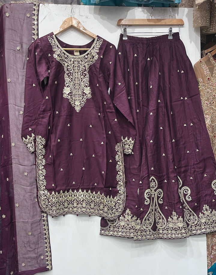 373A Purple Viscose Silk Embroidered Pakistani Suit with Chiffon Dupatta - East meets west clothing 