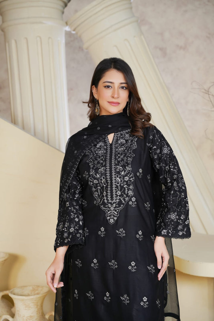 1164C- BLACK LINEN EMBROIDERED 3 PIECE SUIT FARSHI SHALWAR