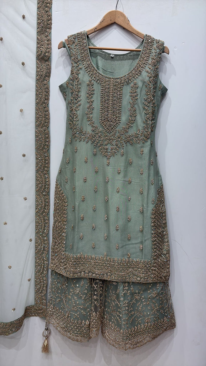 7002C- LIGHT GREEN EMBROIDERED & EMBELLISHED SHARARA SUIT