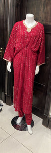 RED CHIFFON EMBROIDERED & EMBELLISHED KAFTAN 2 PIECE SUIT 381A