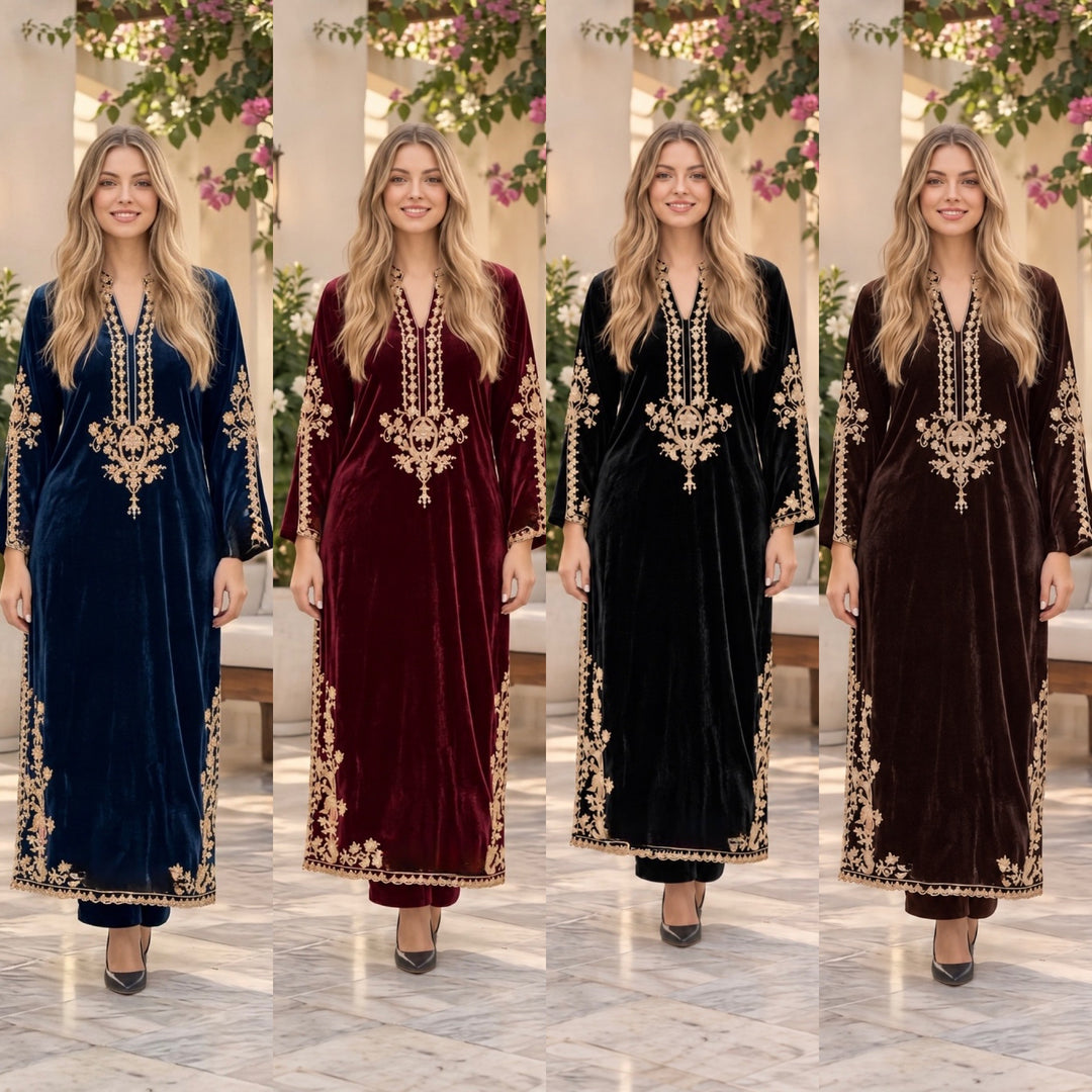 W636 LUXURY VELVET EMBROIDERED KAFTAN SET - East meets west clothing 