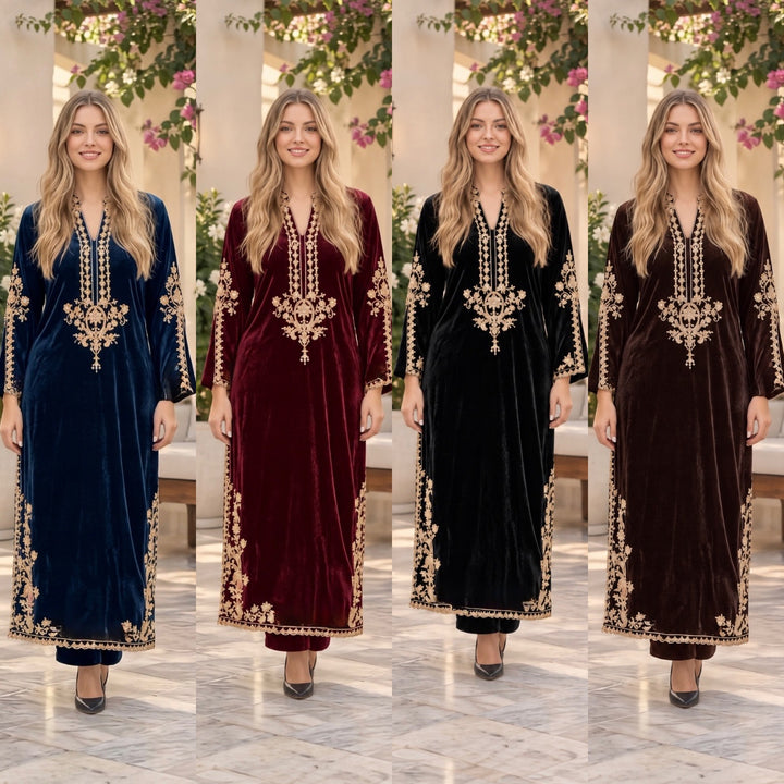 W636 LUXURY VELVET EMBROIDERED KAFTAN SET - East meets west clothing 