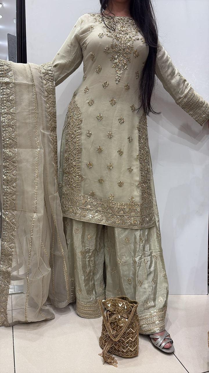 363D- LIGHT GREEN CHIFFON EMBROIDERED 3 PIECE SUIT