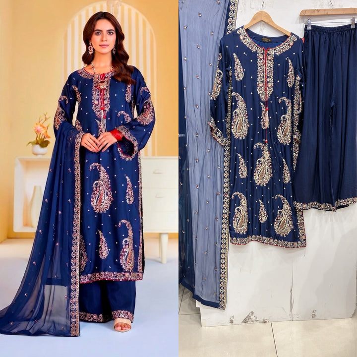 338B- Embroidered Shamoz Silk 3 Piece Suit