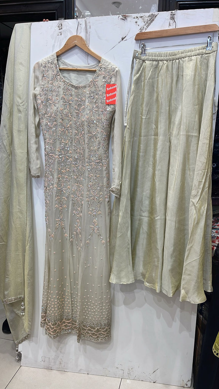 7042A - Elegant Embellished Organza & Silk Long Dress with Palazzo & Dupatta