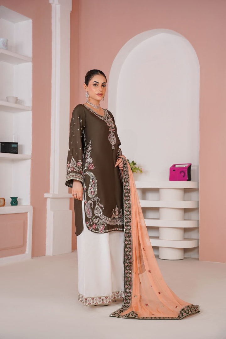 368A - BROWN VISCOSE EMBROIDERED PAKISTANI SUIT WITH CHIFFON DUPATTA