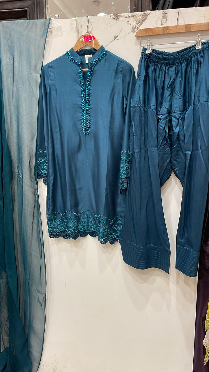 1116H - Teal Viscose Silk Shirt with Farshi Shalwar & Chiffon Dupatta