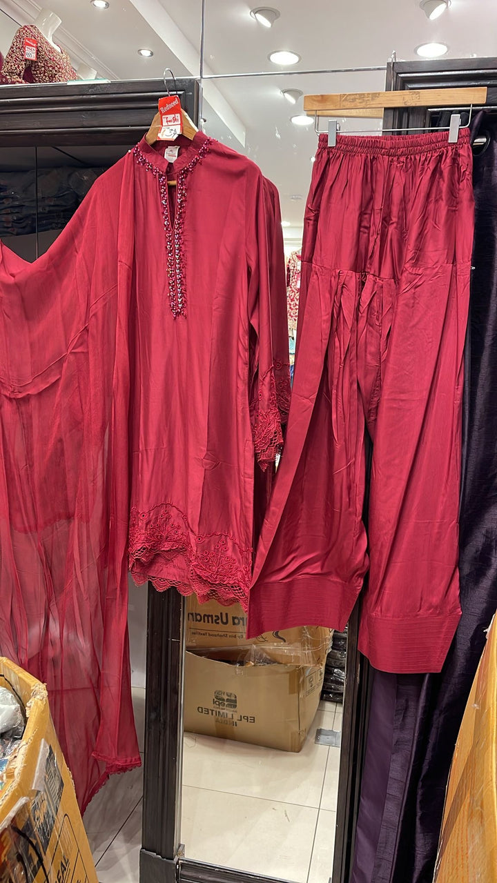 LF05 - Red Farshi Shalwar Embroidered linen suit