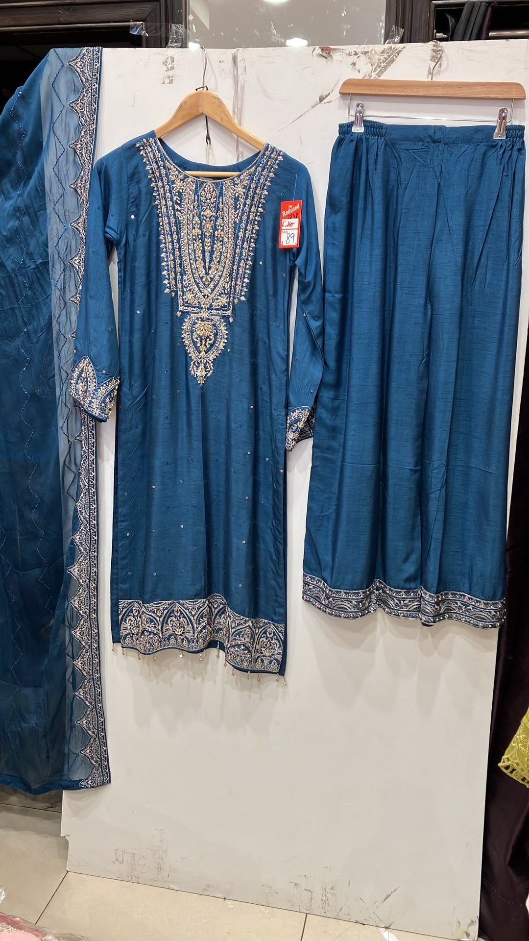 364D- Blue Embroidered Silk 3 Piece Suit
