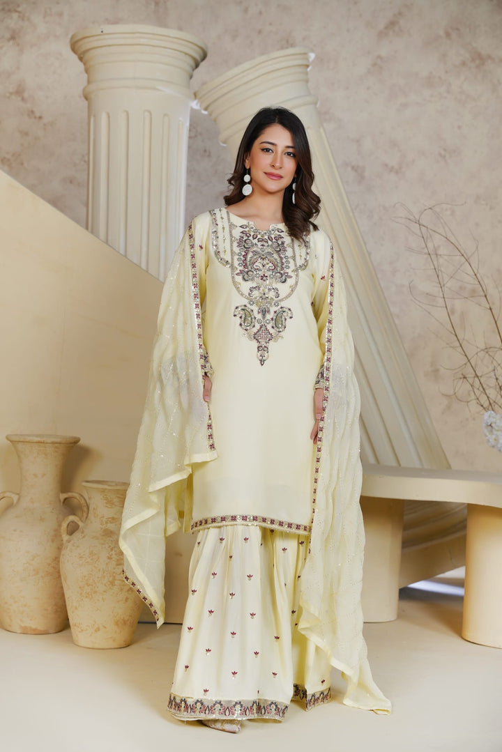 1162C - Cream Embroidered Linen 3 Piece Sharara suit