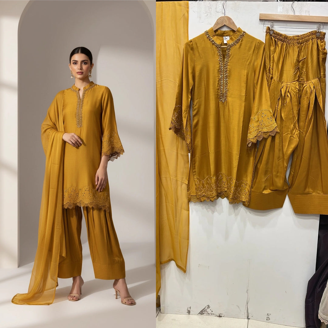 NF05 - Mustard Farshi Shalwar Embroidered linen suit