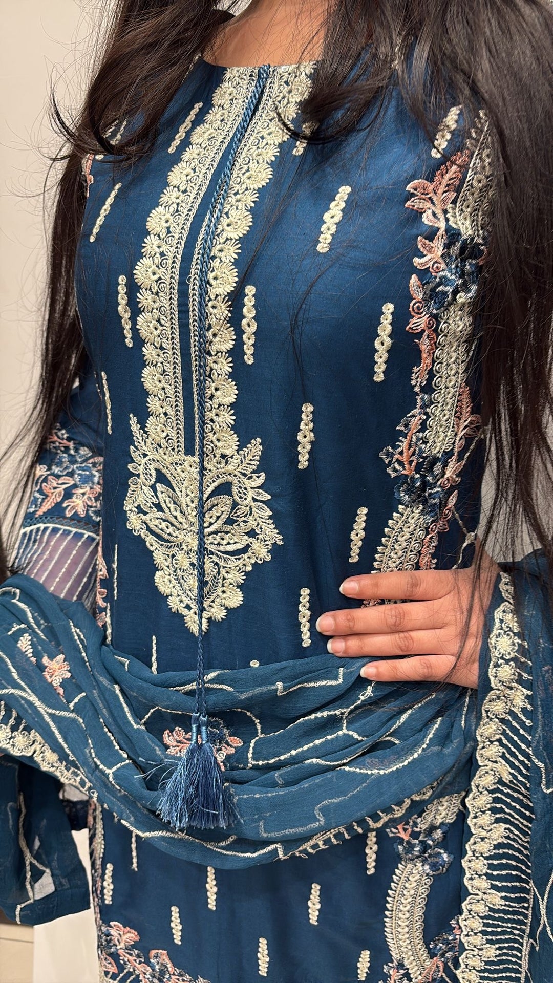 76B - Attire designer Teal Blue Embroidered Cotton 3 piece suit